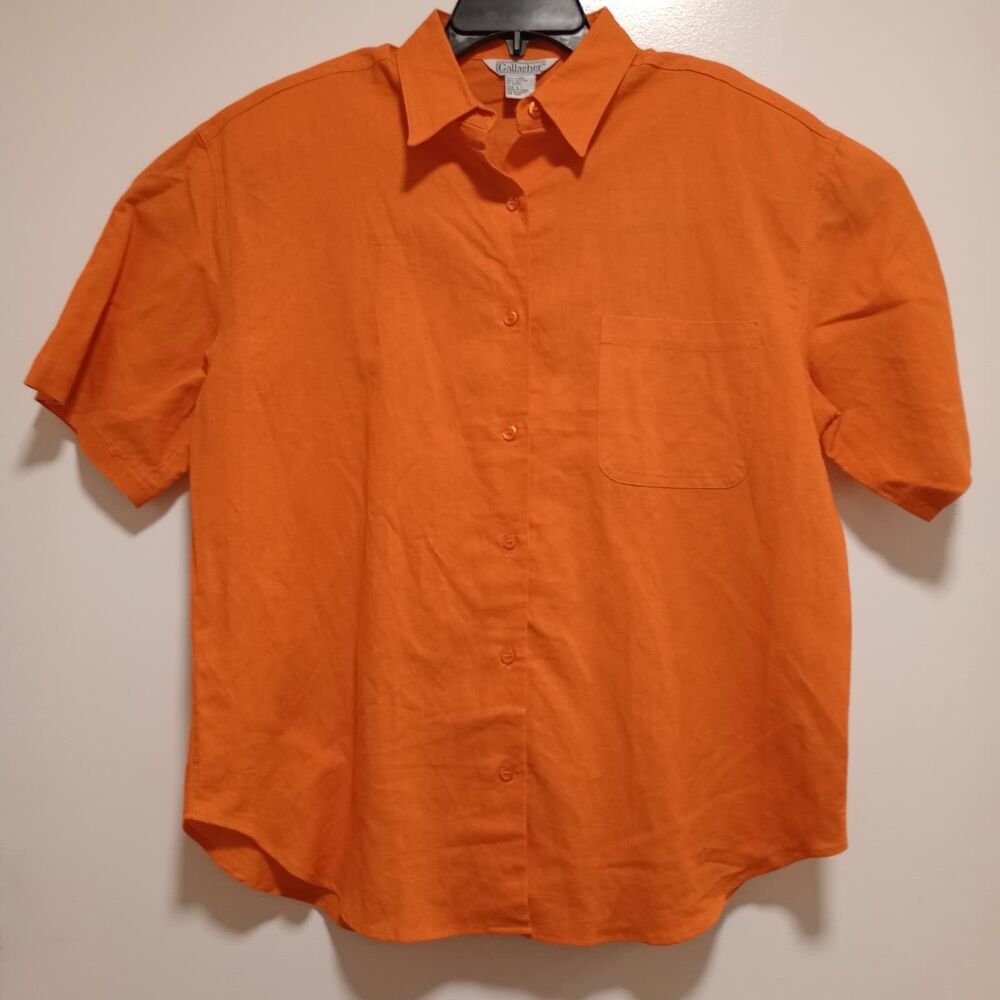 Gallagher Mens Large L Orange Linen Blend Short Sleeve Button Up Shirt Pocket
